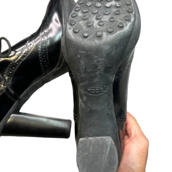 TOD'S Women's Black Leather Derby Style Pump Heels Size 38.5 Lace Up - Picture 7 of 10